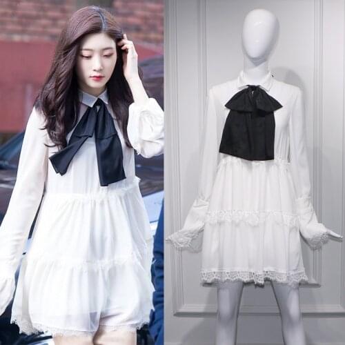 Kpop IU Lee Ji Eun 2021 summer White lace trumpet sleeves slim Chiffon dress women streetwear party fashion kawaii sweet dresses