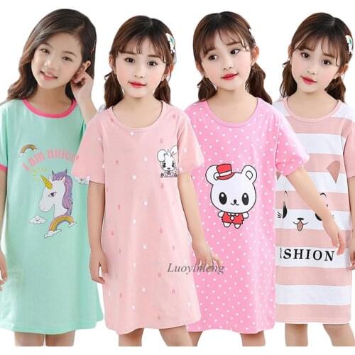 Summer Gilrs Cotton Nightdress Unicorn Nightgowns Teenage Nightshirt Little Girl Pajama Dresses Cartoon Sleepwear Baby Nightwear