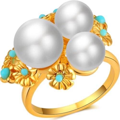 2018 Hot Fashion Jewelry Size 6/7/8/9/10 Womens Yellow Gold Color Pearl Rings Wedding Party Gift R027