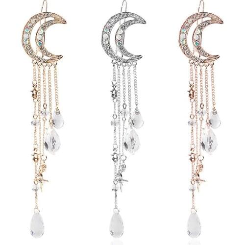 Fashion Retro Women Hair Accessories Moon Tassel Crystal Hair Clip Crescent Moon Fringe Hair Clip Headwear Hair Jewelry Gifts