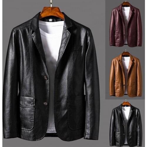 2021 New Men Fashion Vintage Casual Suit Coat Faux Leather Turn-down Collar Cardigan Solid Color Formal Jacket for Office