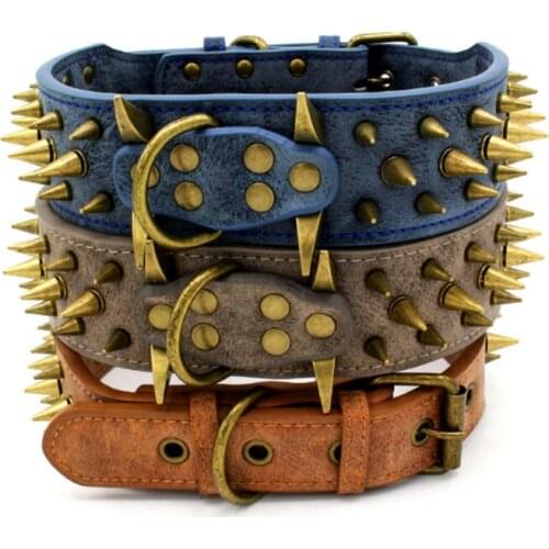 Sharp Spiked Studded Leather Dog Collars Pitbull Bulldog Big Dog Collar Adjustable For Medium Large Dogs Boxer S L