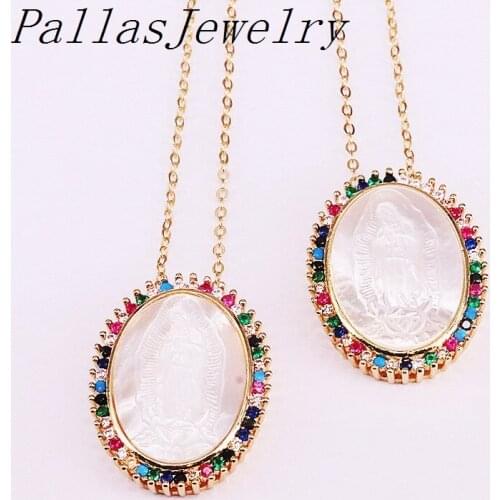 6PCS,2019 Fashion Design Micro pave rainbow cz natural shell Virgin Mary / Jesus oval shape pendant necklace