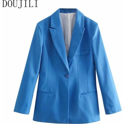 DOUJILI Fashion Blue Blazer Suit Vintage One Button Pocket Long Sleeve Office Ladies Jacket Coat For Women