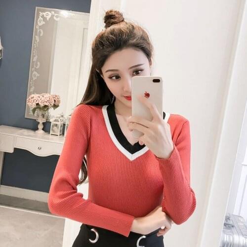 Women Spring Winter Style Knitted Sweater Pullovers Lady Casual Patchwork V-Neck Long Sleeve Pullovers Tops ZZ00558
