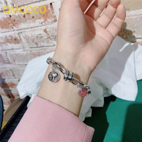 QMCOCO 925 Silver Strawberry Crystal Bracelet For Gilr Woman Creative Vintage Punk Elephant Pendant Party Jewelry Accessories