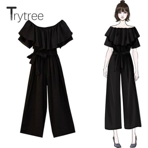 Trytree 2020 Summer Women Casual Rompers Slash neck Solid Black Ruffles Fashion Loose Belt Office Lady Wide leg pants Rompers