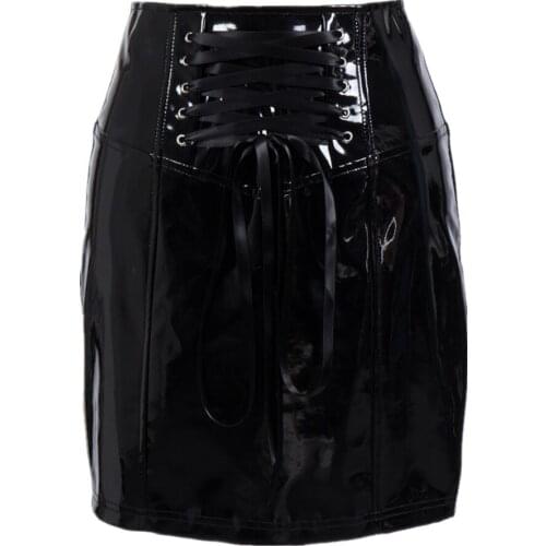 Womens Summer Fashion Zip PVC Faux Leather Pencil Mini Skirt Lace Up Black Shiny Latex Wet Look Sexy Clubwear Skirt