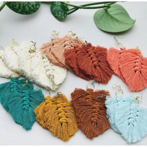 Dvacaman Bohemian Colorful Macrame Leaf Shape Tassel Earrings for Women New Fashion Fringed Feather Cotton Drop Earrings Jewelry