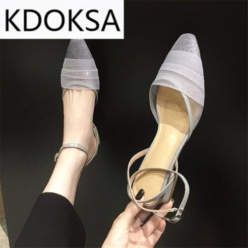 Pointed Toe Sandals Women 2021 New French Mesh Baotou Thick With One Word Buckle High Heels Summer Fairy Style Womens Shoes
