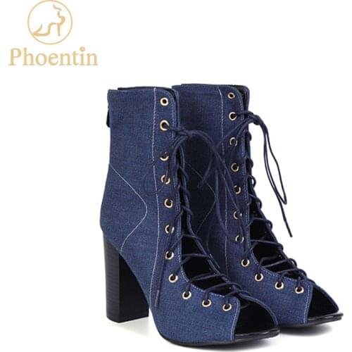Phoentin denim summer boots sandals women 2019 lace up ankle boots peep toe super high heels sexy female shoes back zipper FT610