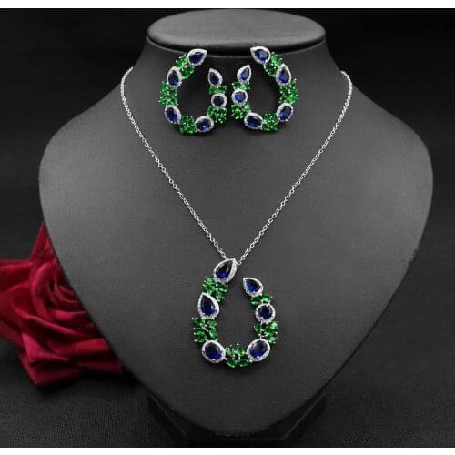 Bilincolor fashion green cubic zircon flower bridal wedding jewellry necklace and earrings sets for women