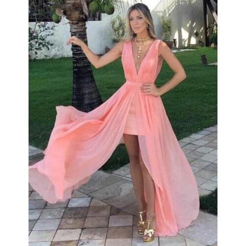Vintage Long V-Neck Chiffon Pink Prom Dresses Lace Up Back Robe De Soiree Floor Length Pleated Formal Party Gown
