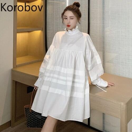 Korobov 2020 New Arrival Korean Women Dress Vintage Stand Collar Puff Sleeve A-Line Dresses Female Sweet Oversize Vestidos