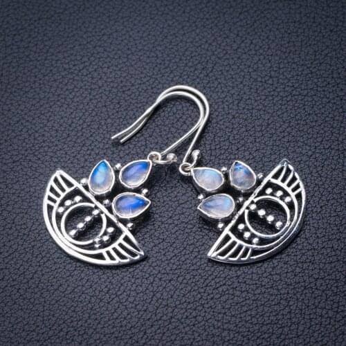 StarGems Natural Rainbow Moonstone Handmade 925 Sterling Silver Earrings 1.5" D7204