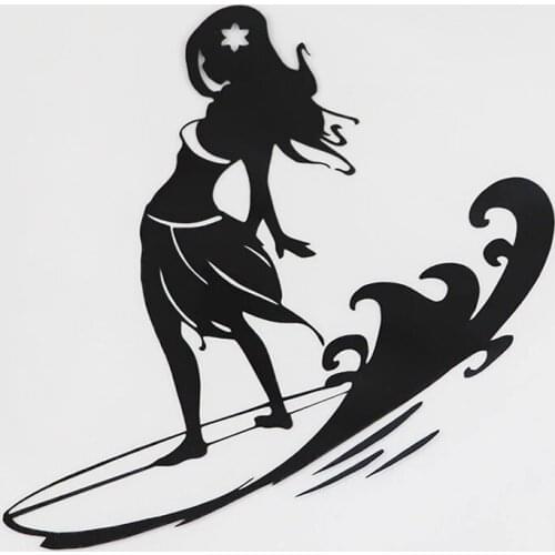 12.6CMX13.3CM Surfer Girl Hawaii Surf Waves Beach Surfboard Decal Vinyl Car Sticker Black/Silver