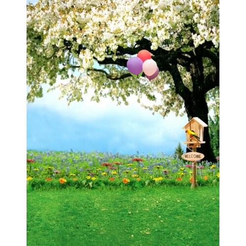 5x7ft White Flowers Tree Balloon Lawn Photography Backdrops Photo Props Studio Background