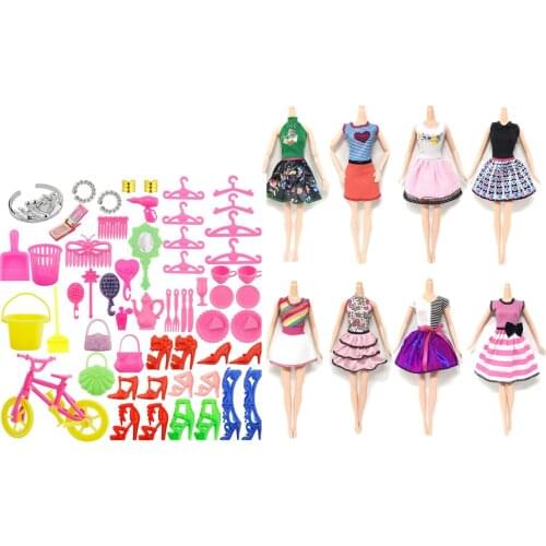 Besegad 8pcs Mini Doll Princess Middle Dresses Gown Skirts Clothes+55pcs Headwear High Heels Shoes Handbag Hanger for Barbie Toy