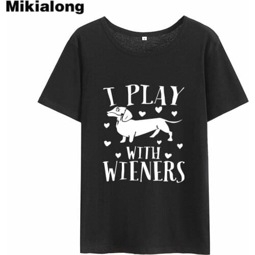 Mikialong I Play with Wieners Cartoon Dog T-shirt Women Summer 2018 Ulzzang Kawaii Tee Shirt Femme Black Cotton Tshirt Women Top