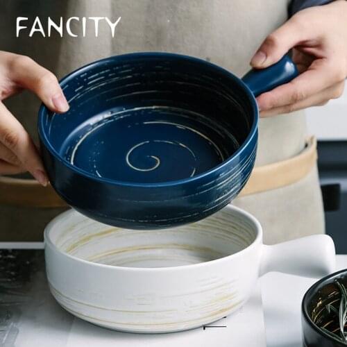 FANCITY Hand-painted ceramic bowls, fruit salad bowls, household creative handle baking bowls, personalized oven baked rice bowl