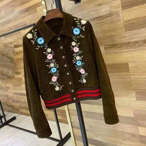 Spring Jacket Women And Autumn Short Length Coat Brown Color High Quality Import Real Cow Suede Embroidery Craft Flower Pattern