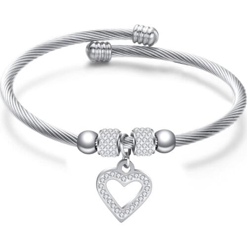 Fashion Heart Charm Beads Cable Mesh Bracelet Bangle Stainless Steel for Women Accessories DIY Jewelry With Crystal