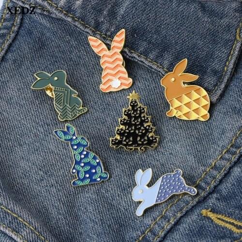 XEDZ Fashion Enamel Rabbit Lapel Brooches Clover Christmas Tree Wave Triangle Pattern Spot Rabbit Animal Pins Childrens Jewelry