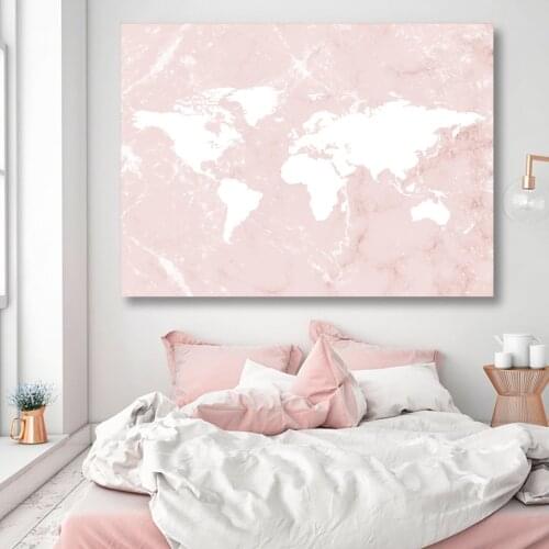 Rose Gold Marble Map Fashion Wall Decorations Blush World Map Wall Art Canvas Painting Prints Posters Feminine Home Decoration