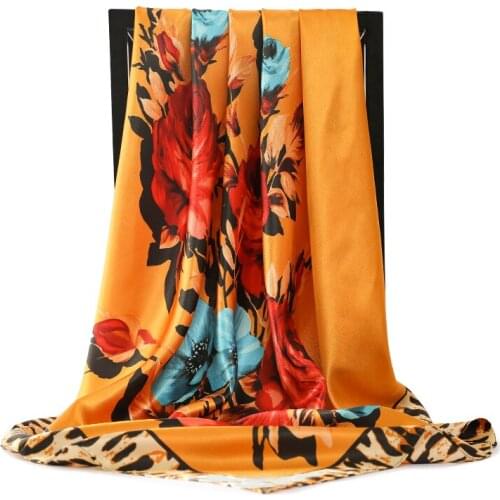 Fashion Kerchief Hijab Scarf For Women Square Shawls Floral Printed Silk Satin Hair Scarfs Female 90*90cm Neck Scaves For Ladies