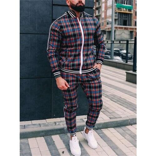 Mens Spring And Autumn Large Casual Fashion Joker Sports Suit Plaid Zipper Jumper Small Foot Trousers Two Sets