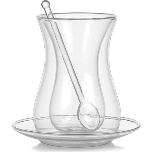 Coffee Cup Set with Saucer and Glass Spoon Heat Preservation Double Glass Transparent Black Tea Cup Household Tea Cup