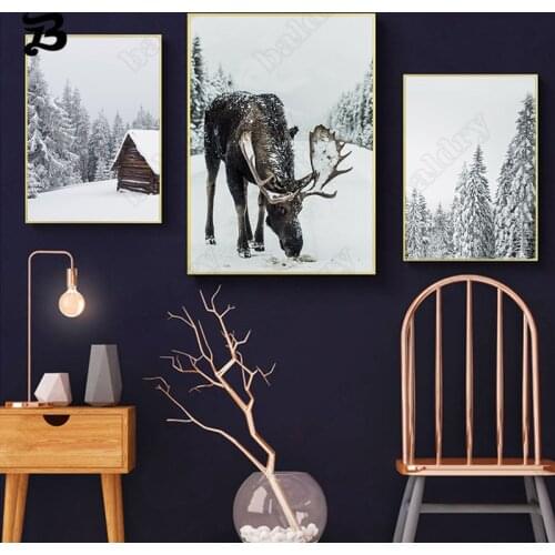 Wall Art Canvas Painting Nordic Posters and Prints Deers Wall Art Pictures White Winter Home Decoration for Christmas Room Decor