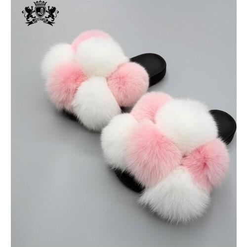Real Fox Fur Slides Women Pom Pom Fur Slippers Fluffy Summer Sandals Ladies Cute Fur Ball Flip Flops House Shoes Wholesale 2021