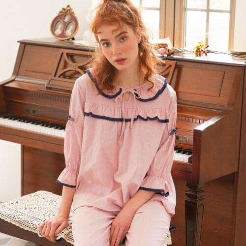 Pajama Woman Spring Autumn 100% Cotton Lady Long Sleeve Royal Cotton Bowknot Leisure Sleepwear Suit Lounge Negligee Pajamas