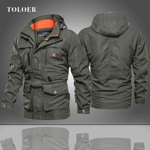 Tactical Jacket Mens Mid-Length Hooded Bomber Jacket Male Autumn Outerwear Men Coat Winter Windbreaker Waterproof Hiking Jacket