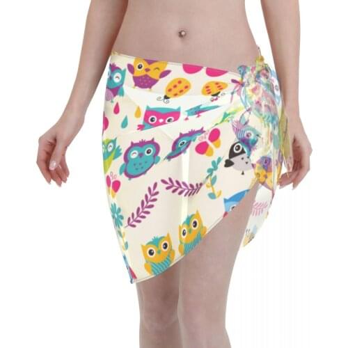 Womens Swim Wear Bikini Cover Up Funny Colorful Owls Beach Mini Wrap Skirt Sarong Pareo Shorts Summer Beachwear
