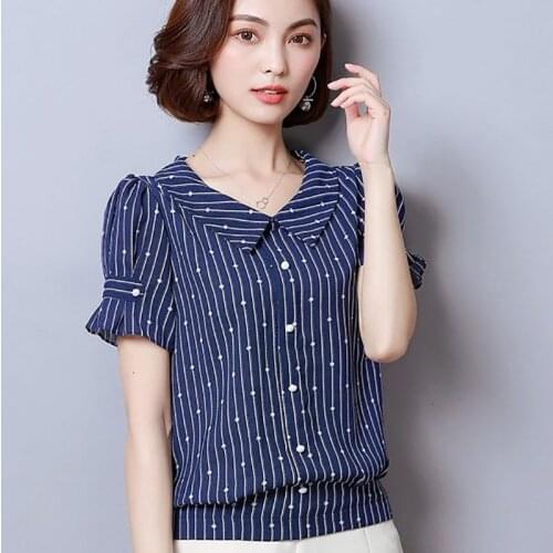 Striped Chiffon Shirts Women Short Sleeve Spring Summer Style Blouses Lady Casual Peter Pan Collar Bluasa Tops