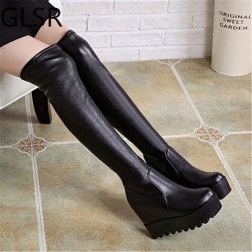 Womens Over The Knee Boots 2020 Leather Fashion Women Long Boots Autumn Winter Round Toe Ladies Platform Height Increasing Shoe