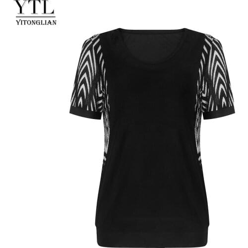 Womens Patchwork Casual Tops Round Collar Stripes Short Sleeve Tee Simple Solid Plus Size Ladies T-shirt W014