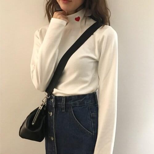 Women Spring Autumn T-shirts Sweet Style Turtleneck Love Heart Embroidery Long Sleeve Elastic Warm Basic Tops Tees for Student