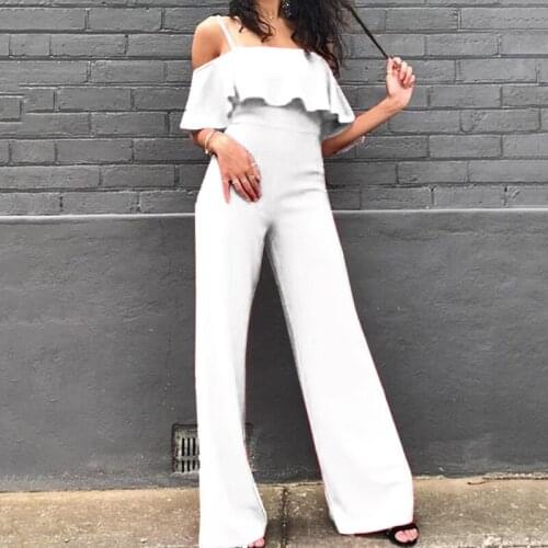 2021 Women Sexy Spaghetti Straps Jumpsuits Falbala Ruffles Red White Black Wide Leg Pants Jumpsuit Romper