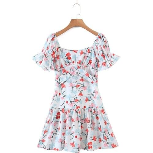 Za Fashion 2021 Women Bright Color Dress Spring New Short Sleeve Square Collar Lace Up Ladies Mini Dress High Street Vestidos