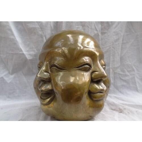 9CM China Chinese Bronze Copper Buddhism Happy 4 Face Maitreya Buddha Head Statue unicornio garden decoration