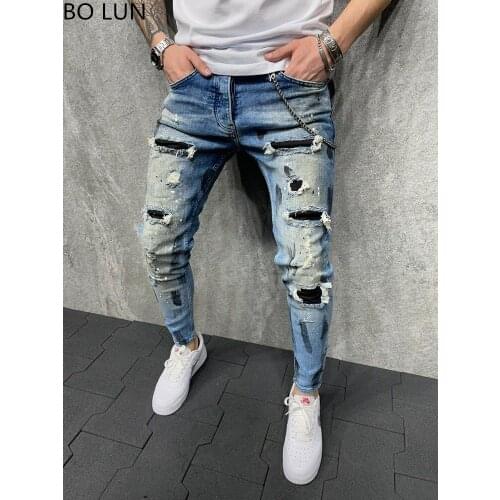 Jeans Mens Slim Ripped Denim Mens Painted Jeans blue Retro Patch Beggar Pants Jumbo Mens Hip Hop Pants Size S-4XL