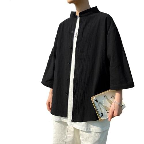 Elegant Male Tee Tops Casual Shirts Simple Design Solid Colors Long Sleeve Shirts Korean Fashion Man darin Collar Cotton White