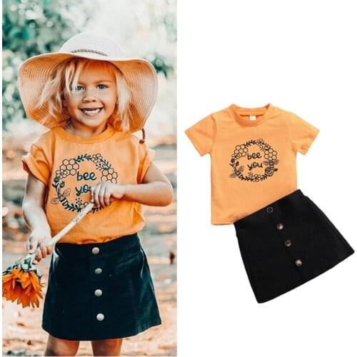 FOCUSNORM 1-6Y Summer Infant Girls Lovely Clothes Sets 2pcs Letter Floral Printed T Shirts Solid Button A-Line Skirts