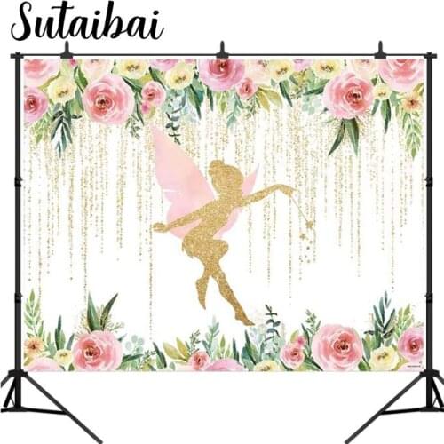 Floral Fairy Birthday Party Backdrop for Photography Pink and Gold Fairy Tale Tea Flowers Wonderland Princess Girl Background