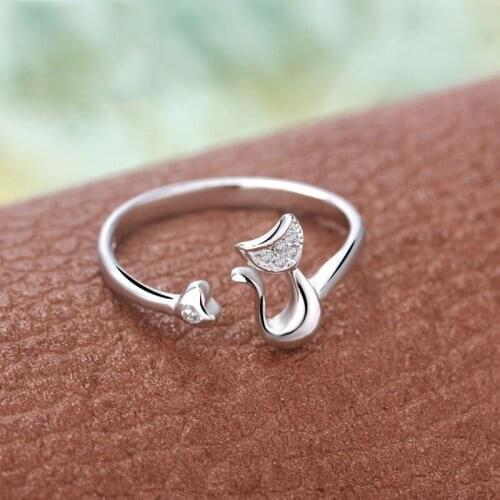 Rhinestone Open Size Silver color Meow Kitty Cat Rings Adjustable Simple Animal Cute Kawaii Cartoon Finger Ring for Women