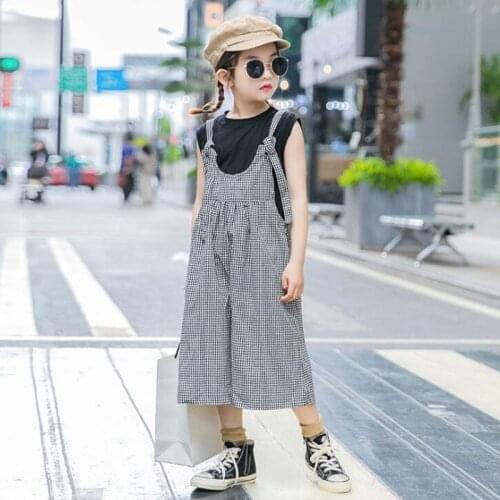 Girls suit overalls summer 2020 Girls Short Sleeve T-shirt +Plaid loose Suspender Shorts Outfits Clothes Kids Strap Streetwear
