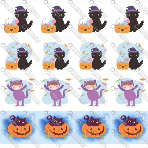 16-75MM Halloween Cute Cartoon Cat Printed Grosgrain Polyester Ribbon 50 Yards Gift Wrapping Diy Bows Wedding Drections Ribbons